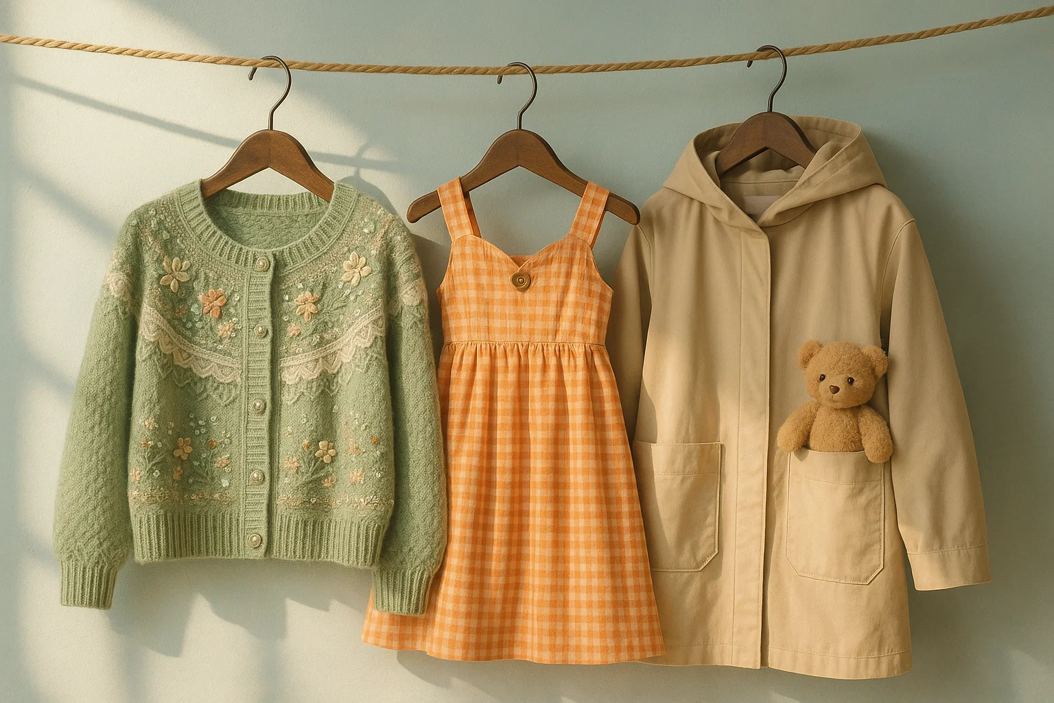 一根麻线绳上挂着三个深棕色木制衣架，左边第一个衣架上挂着一件浅绿色，费尔岛风格的开身毛衣，上面有刺绣、亮片、蕾丝作为点缀。中间的衣架上挂着一条夏天穿的，无袖橙色格子泡泡纱连衣裙，连衣裙的下摆大约到膝盖长度，这条裙子有点法式风格，有桃心形状的木扣子在胸口处作为装饰。右边的衣架上挂着一件素色长风衣，款式简洁，带个帽子，有大口袋，方便装东西，有一个口袋里放进了一只可爱的玩具小熊。有阳光射进来，墙面是淡蓝色的。