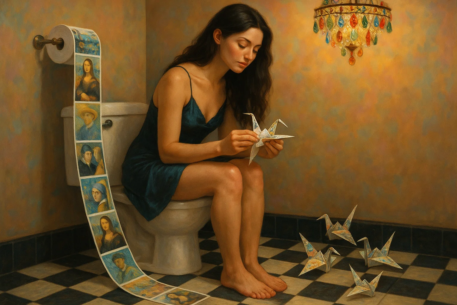 在卫生间里折千纸鹤